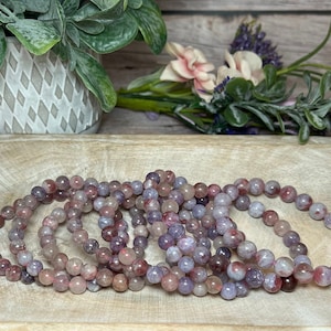 Unicorn Stone Bracelet, Pegmatite, Pink Tourmaline, Lepidolite, Smoky Quartz, Round Bead Bracelet, 7-8mm, 8-9mm