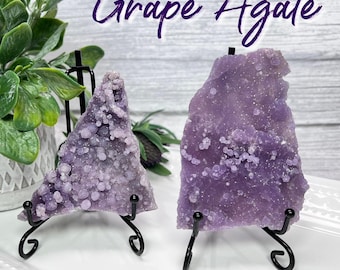 Druzy Grape Agate Raw Crystal, Grape Agate Specimen, Small Sparkly Grape Agate Slab with Stand