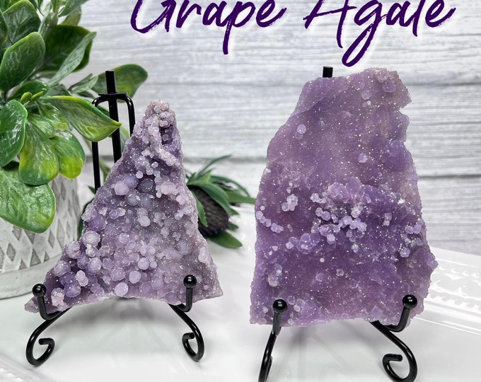 Druzy Grape Agate Raw Crystal, Grape Agate Specimen, Small Sparkly Grape Agate Slab with Stand