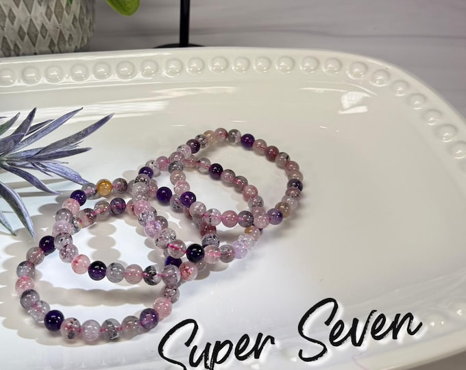 Super Seven Bracelet, Super 7 Crystal Bracelet, 7mm Round Beads with Elastic String