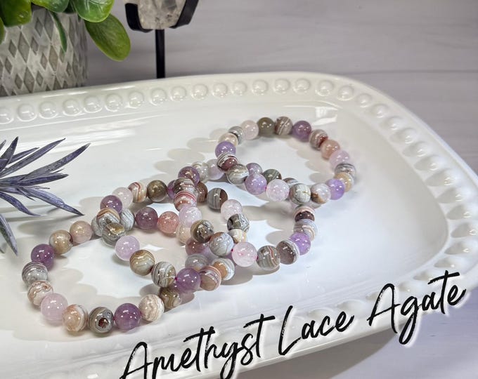 Amethyst and Mexican Crazy Lace Agate Bracelet, Lace Agate with Amethyst, 10-11mm Round Beads
