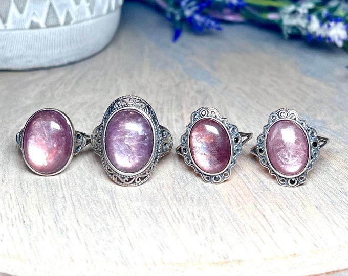 Purple Mica Ring, Gem Lepidolite Ring, Flashy Mica, 925 Adjustable Silver Ring Setting