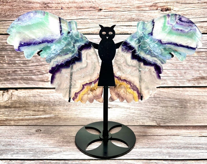 Fluorite Owl Wings, Hand Carved Crystal Owl Wings, Yellow Purple Green Fluorite Wings with Custom Black Metal Stand