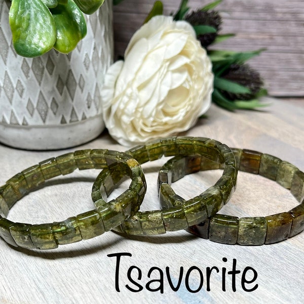 Tsavorite Bracelet, Tsavorite Crystal Bangle Bracelet, Rectangle Beads, Stretchy, The Green Variety of Grossularite Garnet