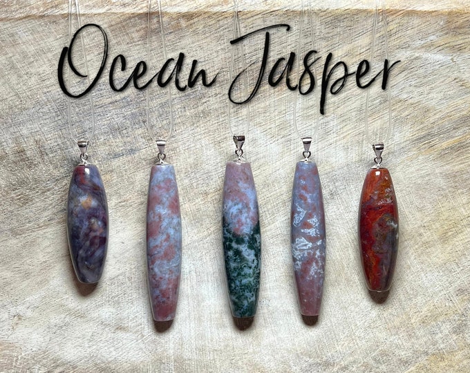 Ocean Jasper Pendant, Ocean Jasper Barrel Pendant, 925 Silver Clasp, Genuine Natural Crystal Gemstone
