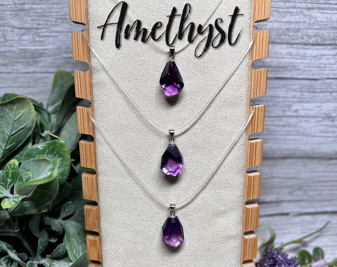 Amethyst Pendant, Small Amethyst Faceted Freeform Pendant, Deep Purple Amethyst, 925 Silver Clasp