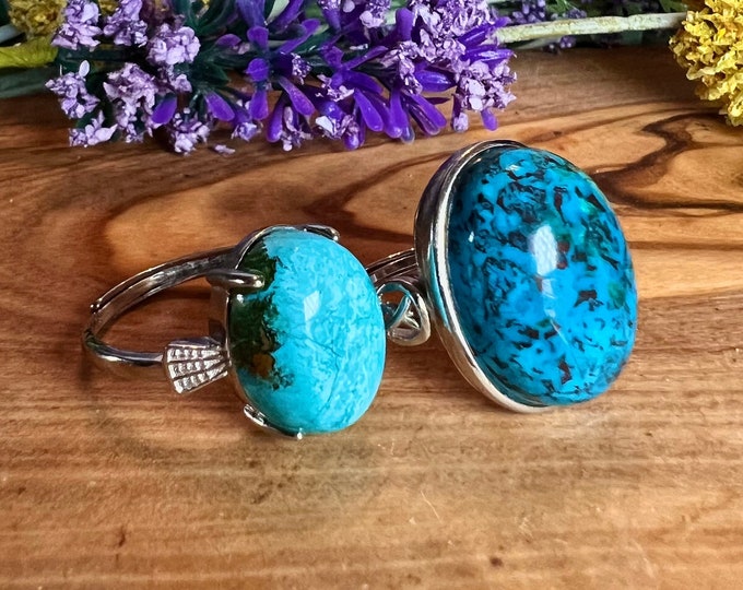Chrysocolla Ring, Chrysocolla Crystal, 925 Sterling Silver Adjustable Band