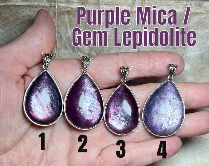 Purple Mica Pendant, Gem Lepidolite Pendant, Flashy Mica, 925 Silver Wrap Setting & Clasp