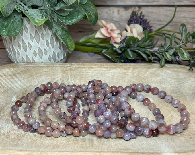 Unicorn Stone Bracelet, Pegmatite, Pink Tourmaline, Lepidolite, Smoky Quartz, Round Bead Bracelet, 7-8mm, 8-9mm