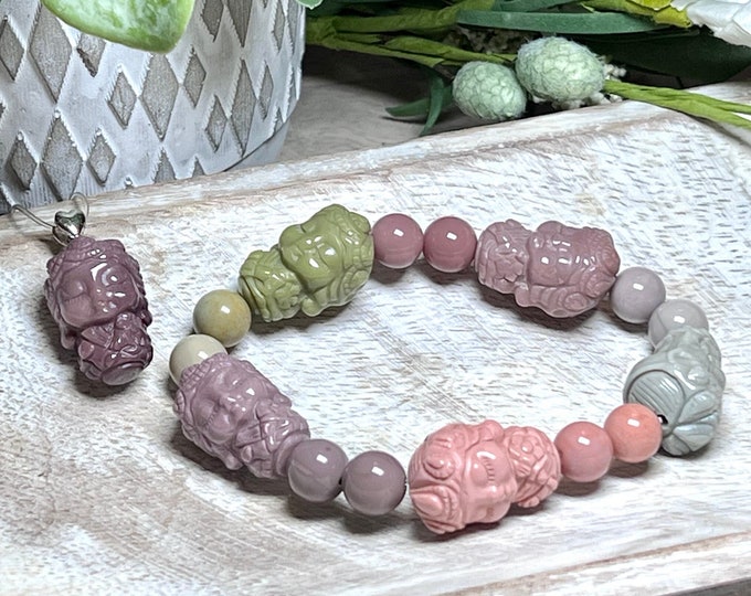 Alashan Agate Goddess Tara Bracelet & Pendant Set, Pink Purple Green Alashan Agate, Goddess Tara, 925 Silver Clasp on Pendant
