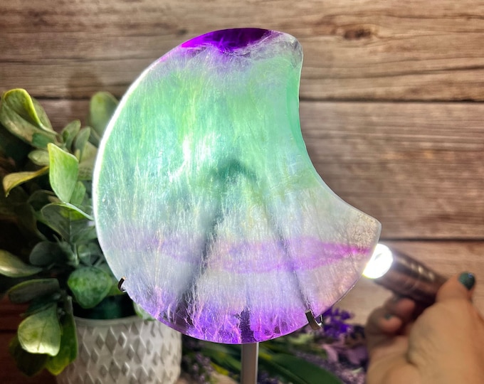Fluorite Crescent Moon on Stand, Green Purple  Fluorite Moon, Crystal Crescent Moon, Fluorite Moon, Custom Silver Stand
