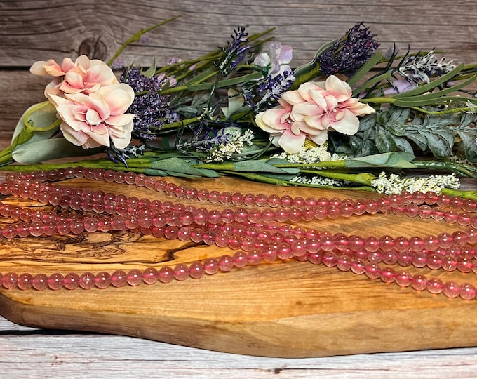 High Quality Strawberry Quartz 22" Bead Strand, Necklace or 3 Wrapped Bracelets, Glittery Sparkles, Stretchy, 6.5mm Beads