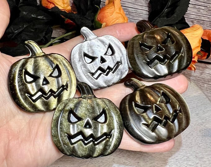Golden Obsidian Pumpkin Carving, Silver Obsidian Pumpkin Carving, Crystal Pumpkin Carving, Polished Carving, Halloween Crystal Carving