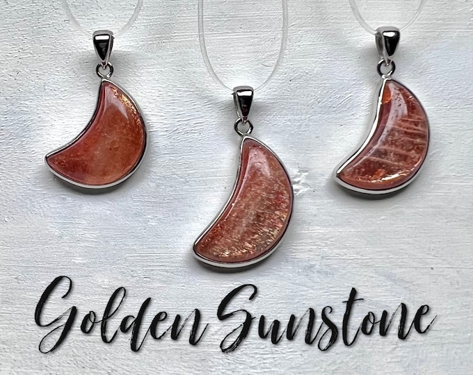 Golden Sunstone Pendant, Golden Sunstone Crescent Moon Pendant, Glittery Rainbow Confetti, 925 Silver Setting & Clasp