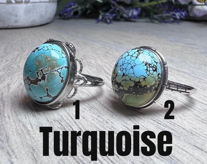 Turquoise Ring, Hubei Turquoise Ring, 925 Silver Adjustable Ring Setting