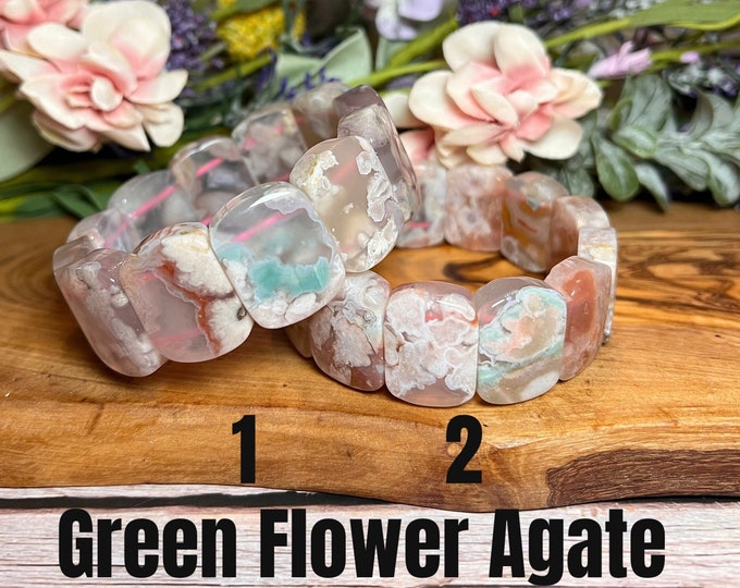 Green Flower Agate Soft Bangle Bracelet, Cherry Blossom, Sakura, Flower Agate, Rectangle Bead, Stretchy Bangle, Crystal Gemstone Bracelet