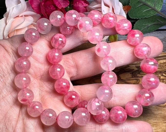 Ice Rhodonite Bracelet, Rose Rhodonite, Sakura, Cherry Rain, Round Bead Crystal Bracelet, Beautiful Pink Rose Color, 10-11mm, 11-12mm