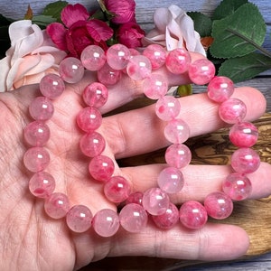 Ice Rhodonite Bracelet, Rose Rhodonite, Sakura, Cherry Rain, Round Bead ...
