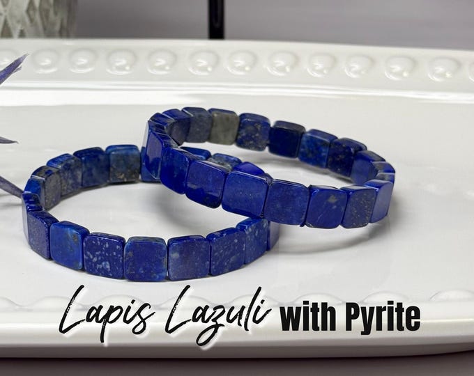 Blue Lapis Lazuli Square Bead Bracelet, Lapis Lazuli with Pyrite Soft Bangle Bracelet, Elastic & Stretchy