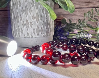 Red Garnet Bracelet, Garnet Crystal Bracelet, 8-9mm Round Bead Bracelet