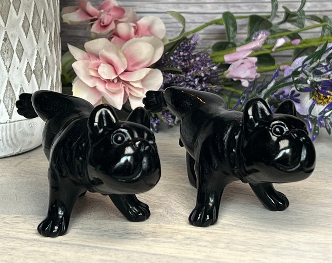 Black Obsidian French Bulldog Carving, Black Obsidian Bulldog, Black Obsidian Polished Peeing Dog, Dog Lifting Leg, Dog Hiking Leg