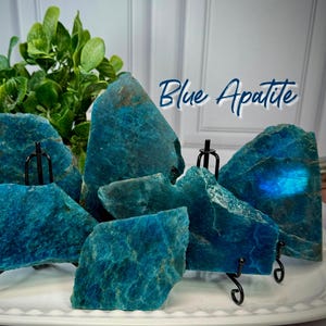 May include: A collection of blue apatite crystal slabs displayed on a white platter. The slabs are various sizes and shapes, with a rough, textured surface. The text "Blue Apatite" is written in a script font.
