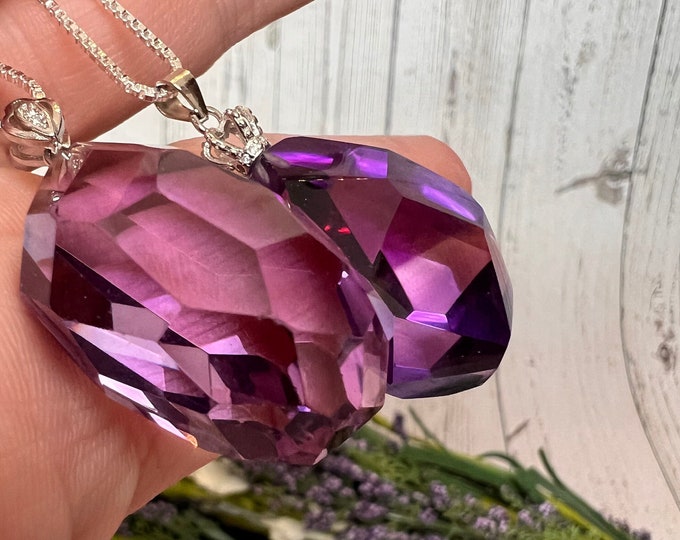 Amethyst Pendant, Amethyst Faceted Freeform Pendant, Ornate 925 Silver Clasp & 925 Silver 26" Chain