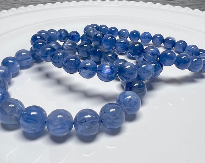 High Quality Kyanite Bracelet, Blue Kyanite with Cat Eye Flash, Round Bead, Flashy Crystal Gemstone Bracelet