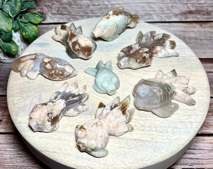 Green Flower Agate Goldfish Carving, Flower Agate Carving, Crystal Goldfish Carving, Green Flower Agate, Pink Flower Agate, Sakura, Goldfish