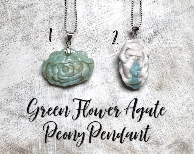 Green Flower Agate Pendant, Green Flower Agate Peony Flower Carving, Green Flower Agate, Sakura, 925 Sterling Silver 24" Chain