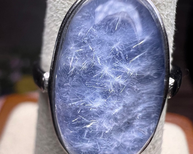 Rare Blue Dumortierite Ring, Dumortierite Crystal, Blue Needle Rutilated Quartz, 925 Sterling Silver Adjustable Band