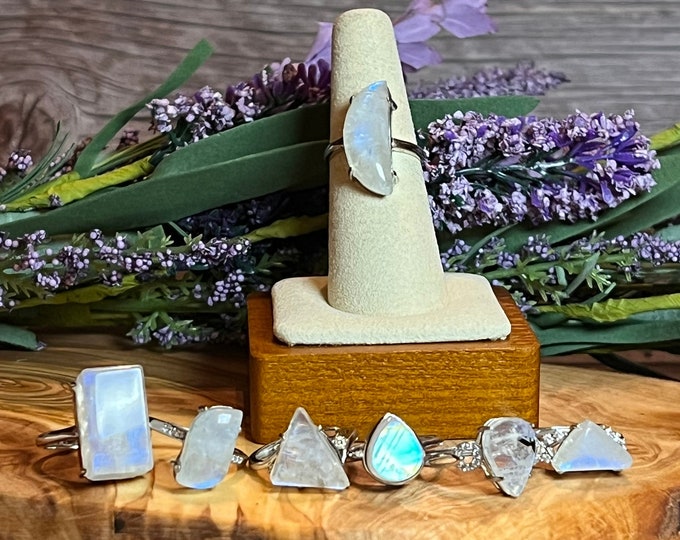 Rainbow Moonstone Ring, Rainbow Moonstone Crystal Ring, 925 Sterling Silver Adjustable Band - You Choose!