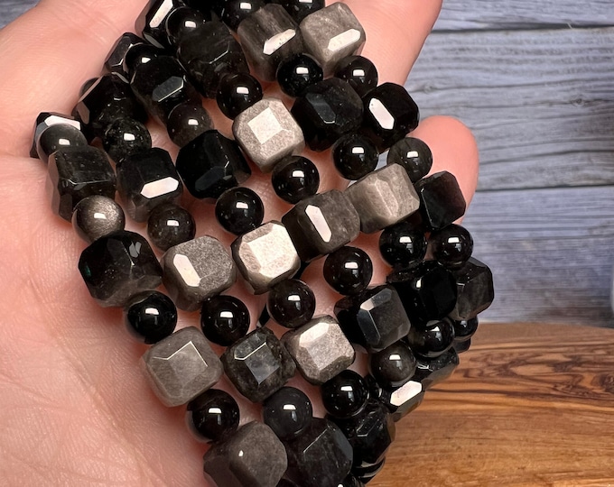 Silver Sheen Obsidian Bracelet 8mm Cube Beads 6.5mm Round Beads - 100% Natural Crystal