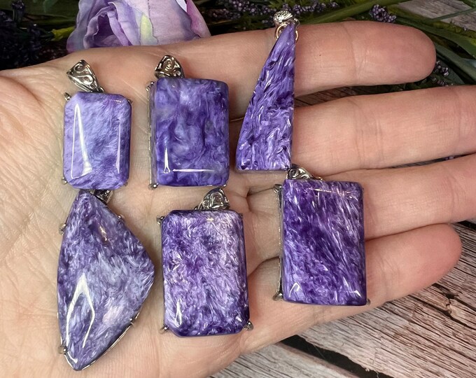Charoite Pendant, Charoite Necklace, Crystal Jewelry, 925 Sterling Silver, 925 Sterling Silver 24" Chain - 100% Natural