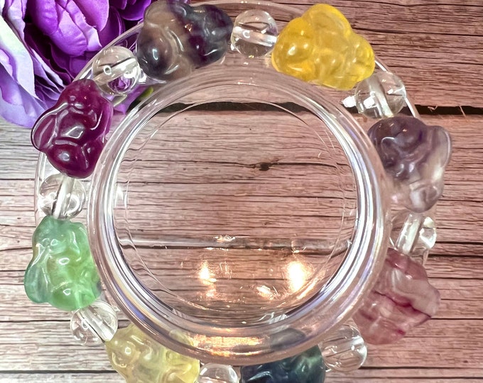 Colorful Fluorite Carvings Bracelet 11x17mm Lucky Pixiu, Nine Tail Fox, Bunny/Year of the Rabbit - 100% Natural Crystal