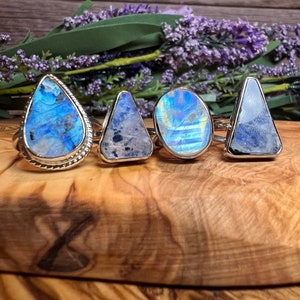 Rainbow Moonstone Ring, Rainbow Moonstone Crystal Ring, 925 Sterling Silver Adjustable Band - You Choose!