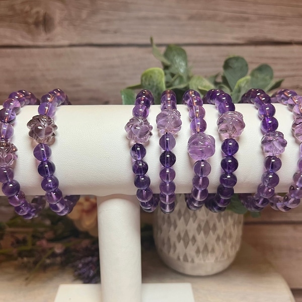 Amethyst Nine-Tailed Fox Bracelet, 8mm Round Bead, 12-13mm Nine Tail Fox Bead, Nine-Tail Fox, Nine Tailed Fox, Amethyst Fox, Ametrine Fox