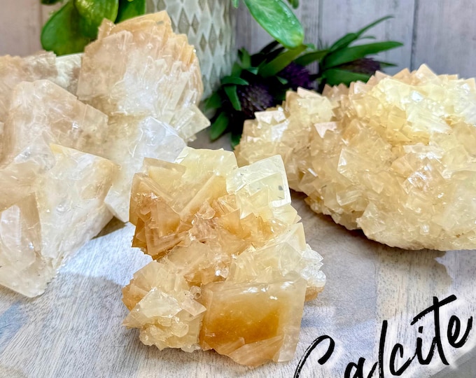 Yellow Orange Rhombic Calcite Specimen, Calcite Crystal Cluster
