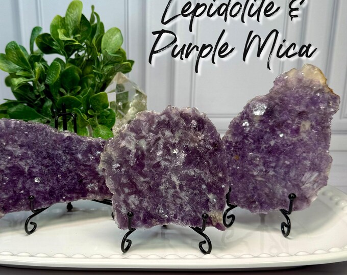 Purple Mica in Quartz Slab, "Purple Emerald Quartz" Slab, Purple Mica Crystal, Flashy Mica Slab - Metal Stand Included!