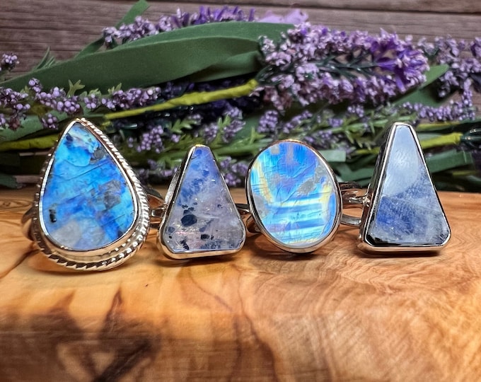 Rainbow Moonstone Ring, Rainbow Moonstone Crystal Ring, 925 Sterling Silver Adjustable Band - You Choose!