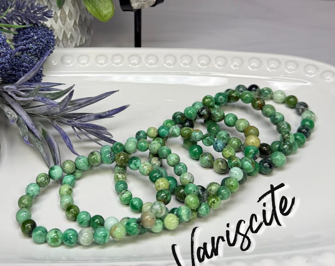 Variscite Bracelet, Green Variscite Crystal, 7-8mm or 8-9mm Round Beads, Stretchy Bracelet, Green Crystal Bracelet