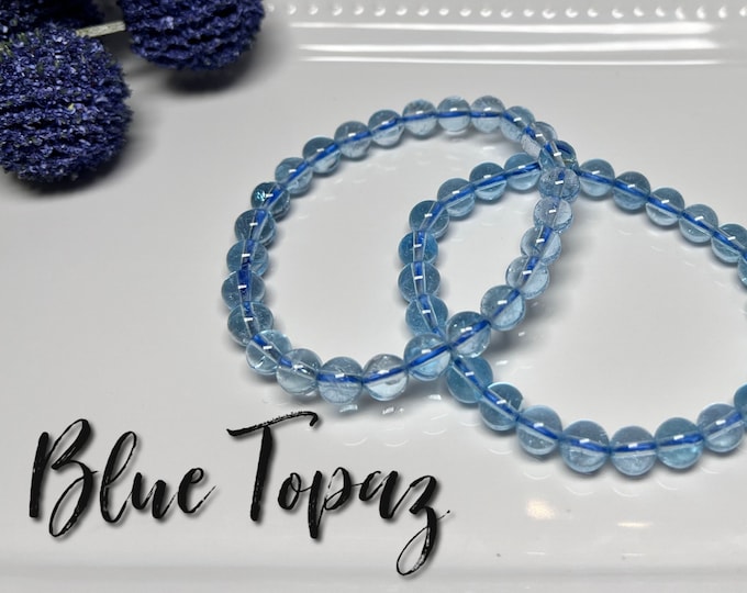 Blue Topaz Bracelet, Topaz Crystal Bracelet, 7mm Round Bead Bracelet, Stretchy Bracelet, The Stone of Healing and Good Luck