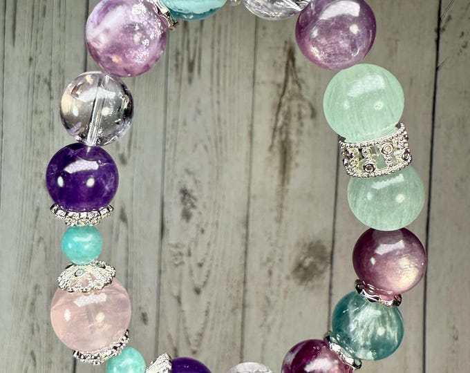 Feather Fluorite + Silk Fluorite + Purple Mica + Star Rose Quartz + Amethyst Crystal DIY Bracelet, White Copper Accent Beads (LLB40)