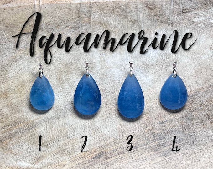 Aquamarine Pendant, Clear Blue Aquamarine Teardrop Pendant, 925 Silver Clasp, Genuine Natural Crystal Gemstone