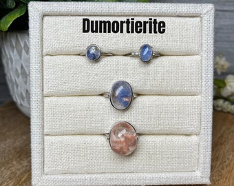 Blue Dumortierite Ring, Pink Red Dumortierite Ring, Blue Needle Rutilated Quartz, Pink Red Needle Rutile, 925 Silver Adjustable Ring (2)