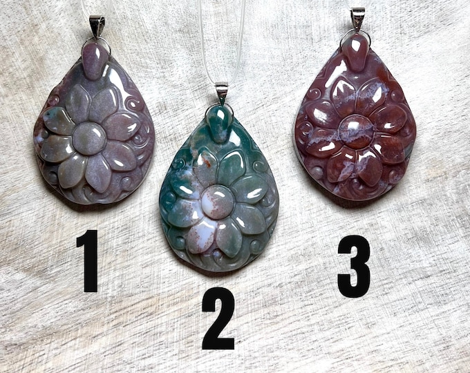 Ocean Jasper Flower Pendant, Ocean Jasper Crystal, Teardrop Flower Carving, Ocean Jasper, 925 Silver Clasp