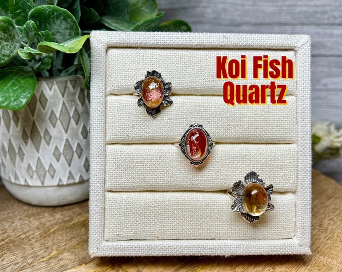 Rare Koi Fish Quartz Ring, Hematoid Golden Healer, Rainbow Inclusions, 925 Silver Adjustable Ring