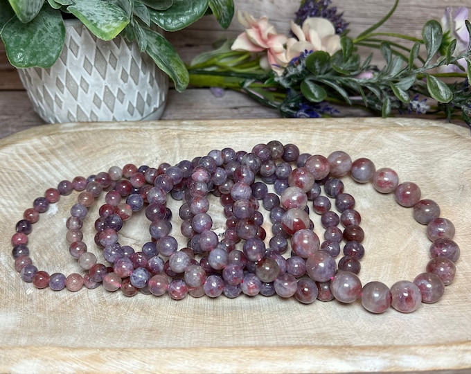 Unicorn Stone Bracelet, Pegmatite, Pink Tourmaline, Lepidolite, Round Bead Bracelet 6-7mm, 7-8mm, 8-9mm, 9-10mm, 11-12mm