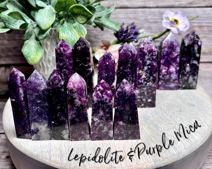 Purple Emerald Quartz Tower, Lepidolite with Purple Mica Tower, Lepidolite with Mica Crystal, Mica Lepidolite, Dark Purple Flashy Crystal