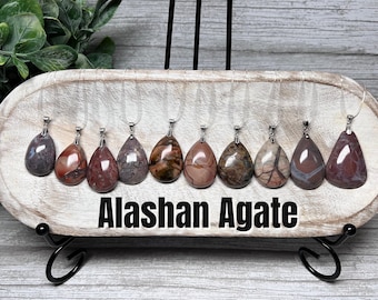 Alashan Agate Pendant, Alxa Agate, Oil Painting Alashan Agate, Tear Drop, 925 Silver Clasp